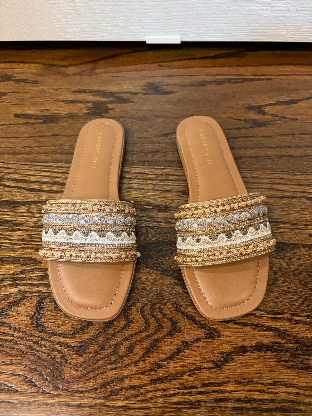 Madden Girl Tan Embellished Slide Sandals Size 8